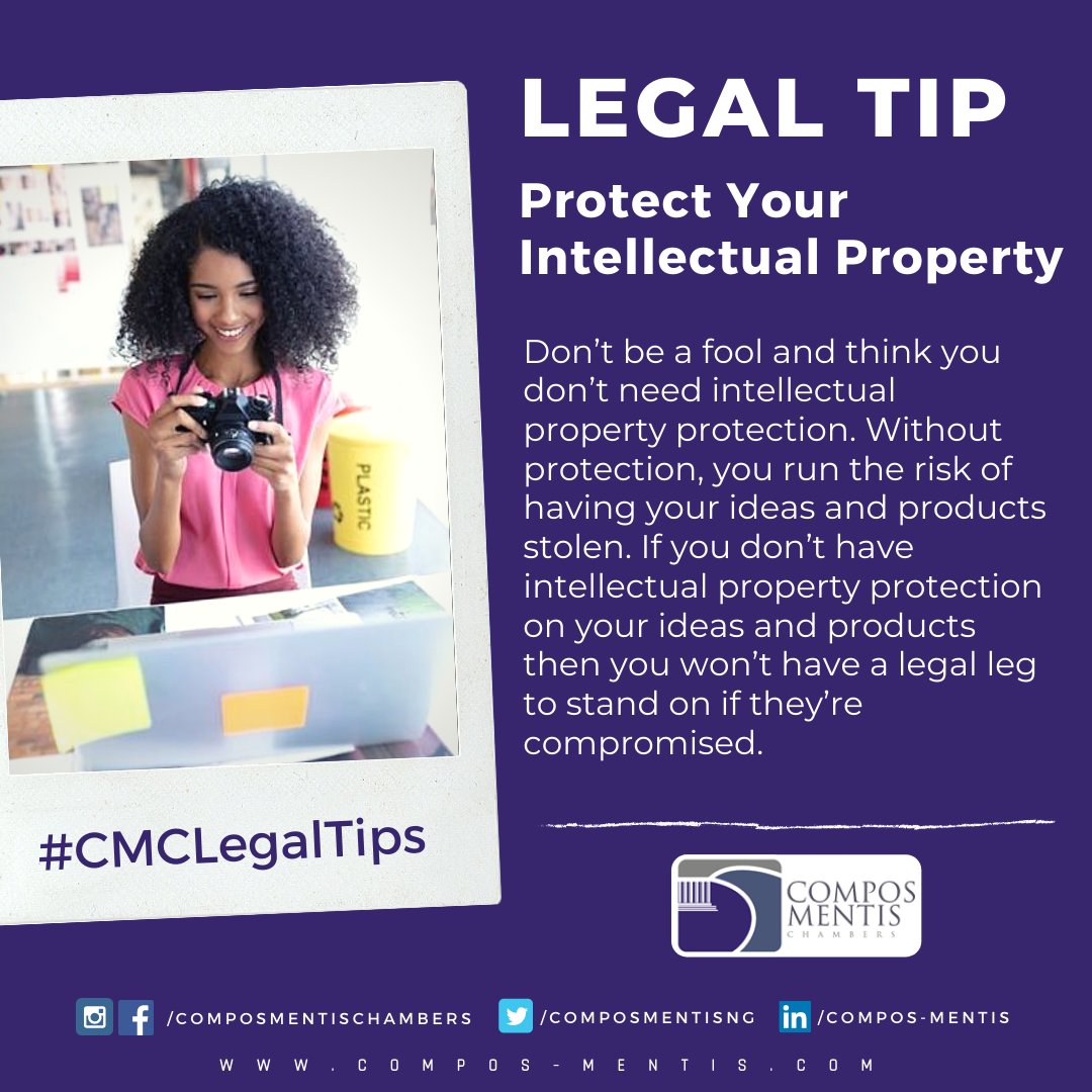 composmentisng's tweet photo. Don’t be a fool and think you don’t need intellectual property protection. Without protection, you run the risk of having your ideas and products stolen.
Click to read more: https://t.co/3O4SGBg0SG
#ComposMentisChambers #CMCLegalTips #LegalTips https://t.co/kZBn1EGKIE