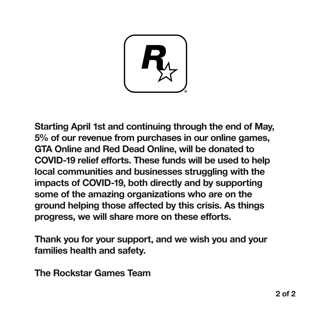 До конца мая Rockstar будет жертвовать 5% от всех покупок в GTA Online и RD Online на помощь пострадавшим от Covid-19