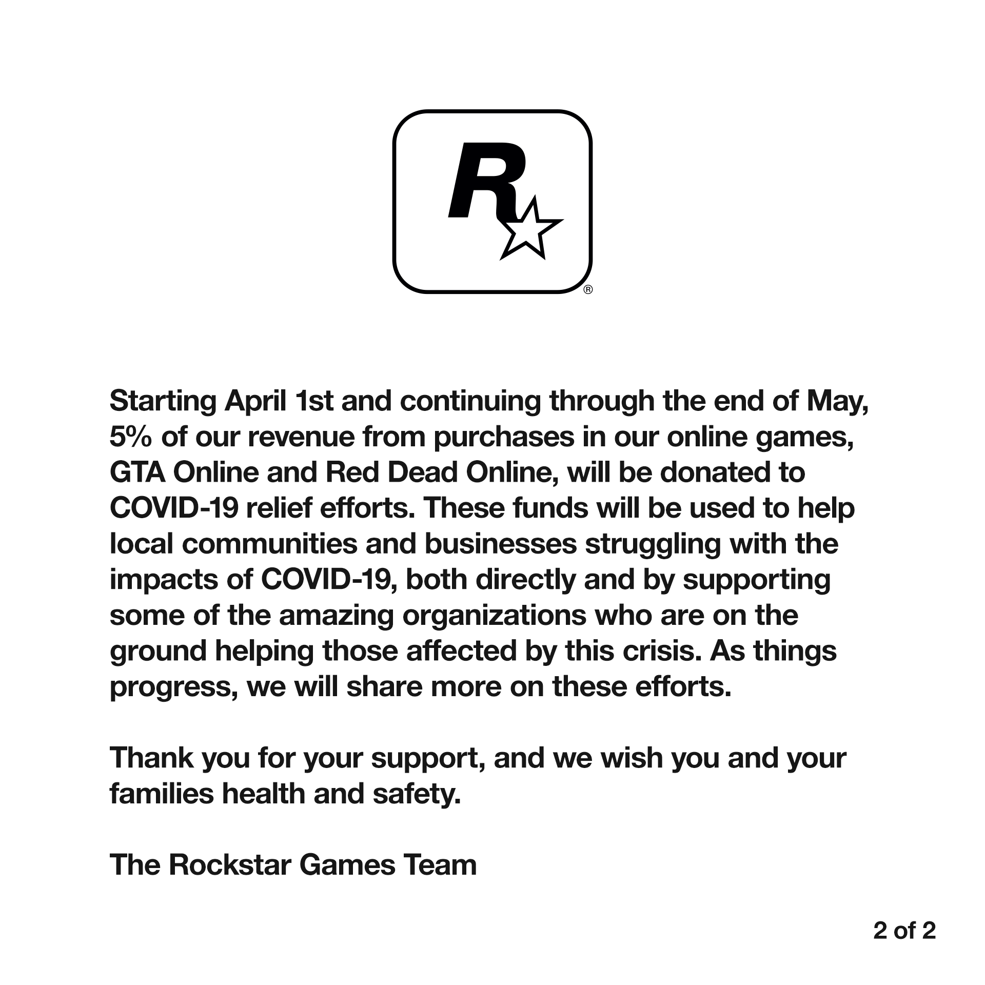 Rockstar Games on X: Rockstar Games and COVID-19 Relief   / X