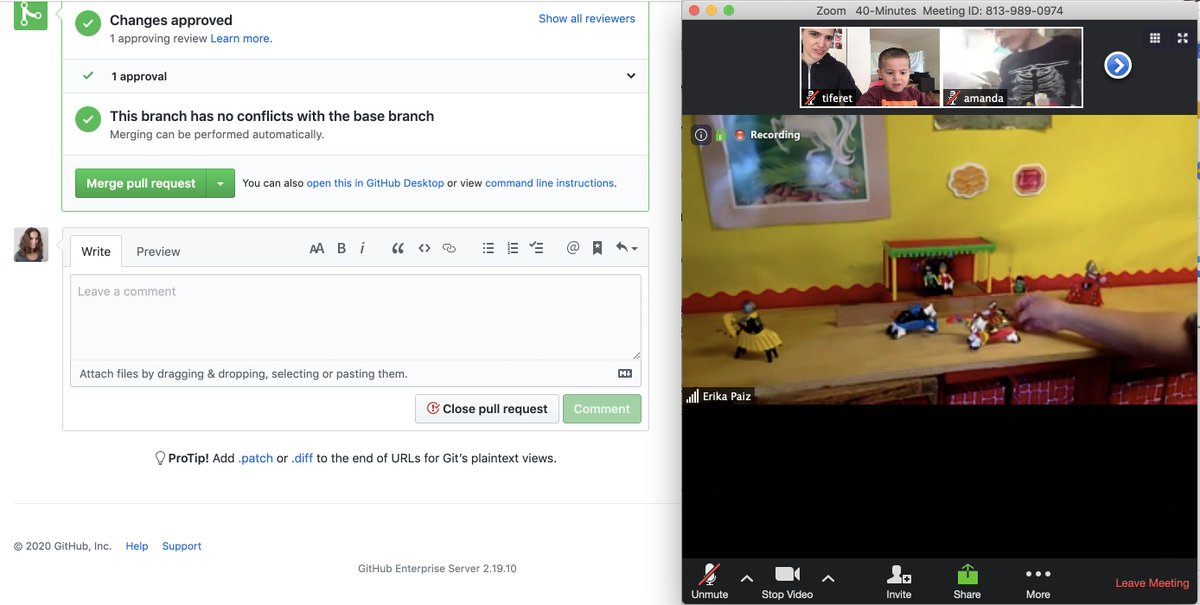Corona parenting: 

Yesterday I found myself splitting my screen so my preschooler could join his circle time on zoom while I did a code review on GitHub. It worked pretty well. I hope he didn't sneak any review comments in there while I wasn't paying attention 😣