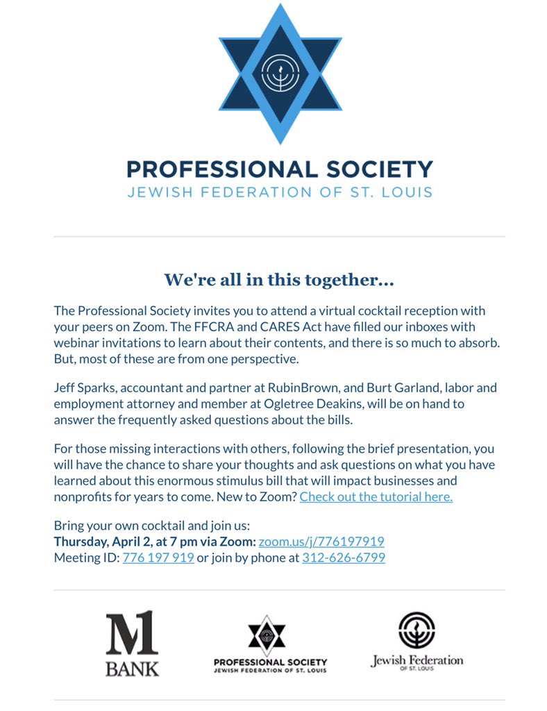 m1_bank's tweet photo. Join the @JewishFedSTL 4/2 at 7p for a #virtualcocktailreception to learn more about #FFCRA &amp; #CARESact, interact w/peers, &amp; ask questions about both initiatives. M1 Bank is honored to support this effort to learn &amp; help one another. #poweredbypurpose https://t.co/79uM21GlZV