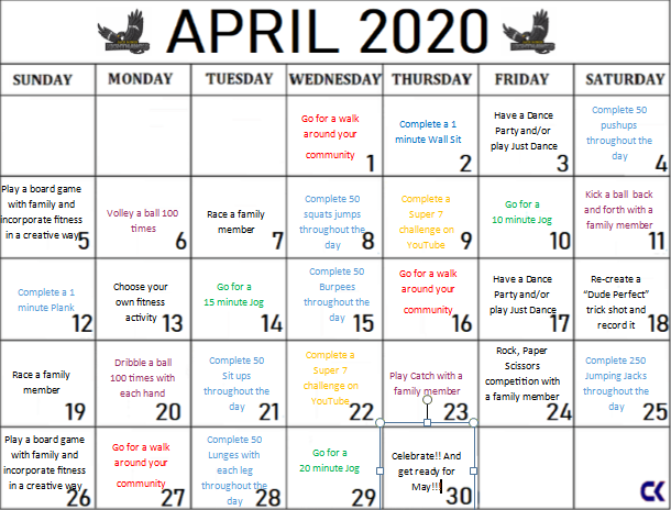 JackMinerPE's tweet photo. Alright boys and girls, here is your April Fitness Calendar! Good Luck!!! #staypositive #StayActive #physicaleducation @jackminer_ps https://t.co/sV0Jrrl78a