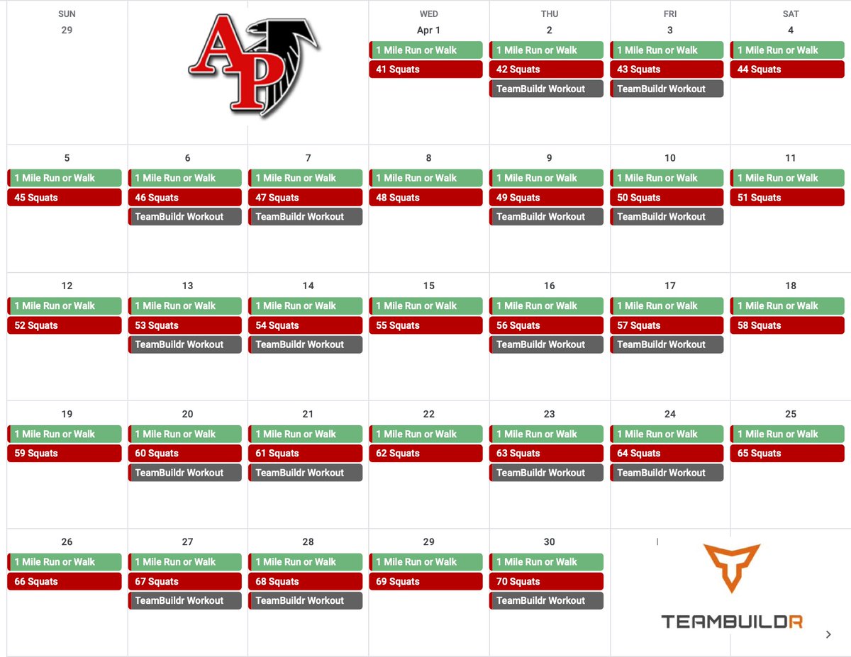 FalconsStrength's tweet photo. April starts tomorrow & I've got a challenge for you!🏃♂️🏋️♀️
On top of weekly @teambuildr workouts, your challenge is to run/walk & complete squat challenge daily: Start w/ 40 & +1 squat each day of April!
Who can✔️the whole month off?!
#Active #LegsFeedTheWolves #FalconStrength https://t.co/csLf4tpV4e