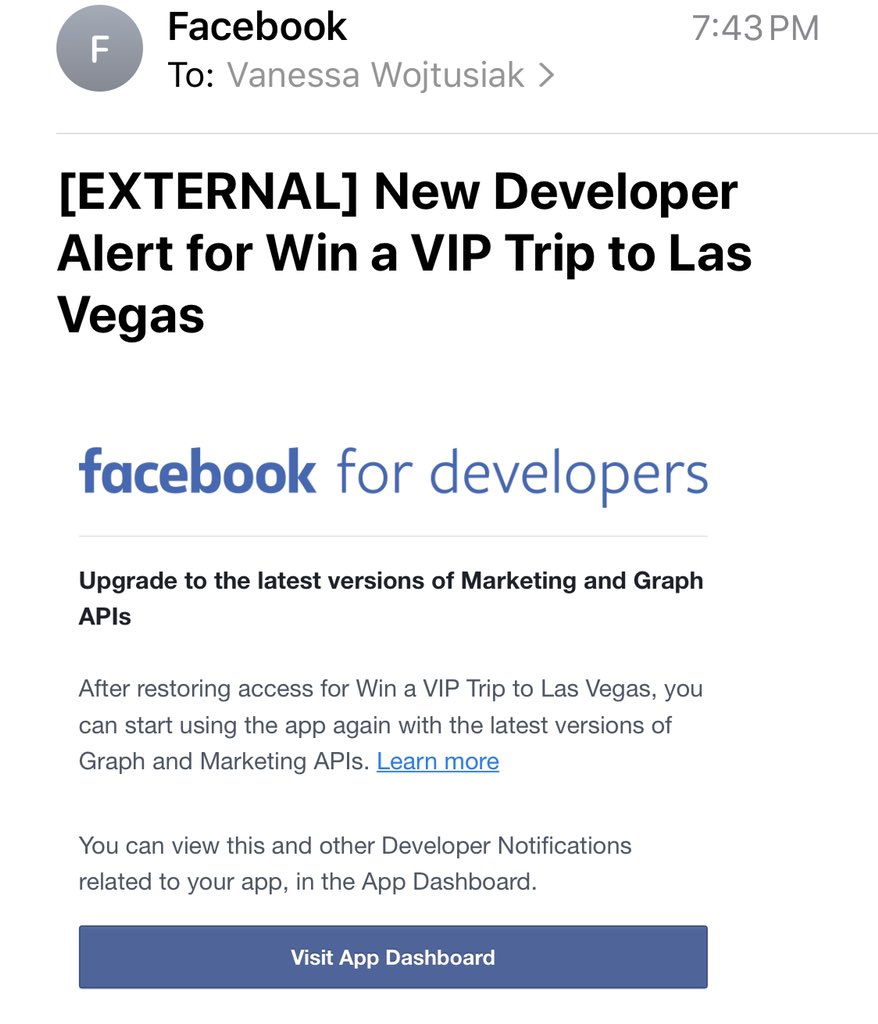 VanessaW's tweet image. When Facebook developer alerts start to flood your email and make you remember some pretty cool apps and contests you built back in the day! #VIPtripsForDays #FacebookDeveloper