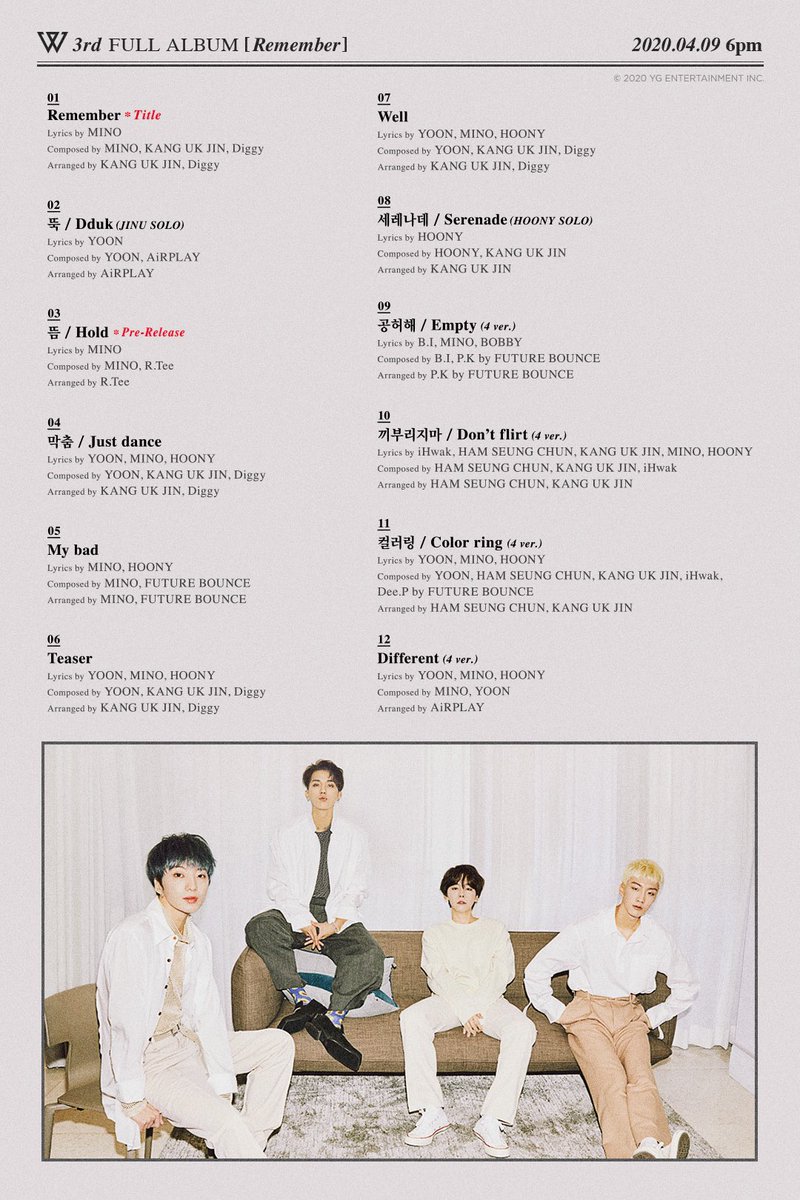yg_winnercity's tweet photo. [✨Remember✨] TRACKLIST POSTER💙

#Wemember_Remember #WINNER #위너 #3rdFullAlbum #Tracklist #Remember #뚝 #뜸 #막춤 #MyBad #Teaser #Well #세레나데 #SpecialTracks #For_INNERCIRCLE #공허해 #끼부리지마 #컬러링 #Different #AlbumRelease #20200409_6pm #YG https://t.co/56f5N1hJWX