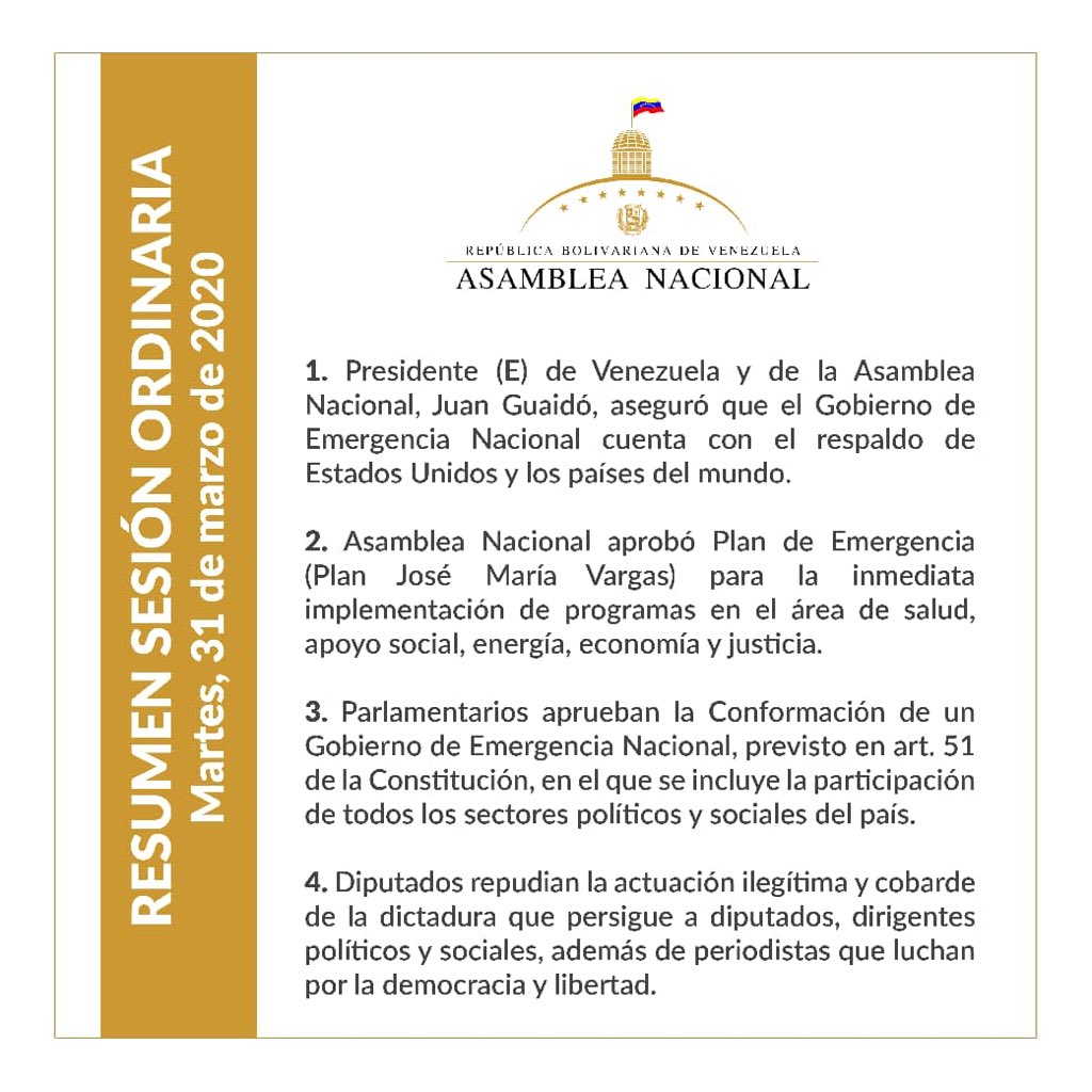 VoluntadPopular's tweet photo. #ResumenAN Aprobamos la Conformación de un Gobierno de Emergencia Nacional, previsto en art. 51 de la Constitución, en el que se incluye la participación de todos los sectores políticos y sociales del país. https://t.co/YO9qVBExpJ