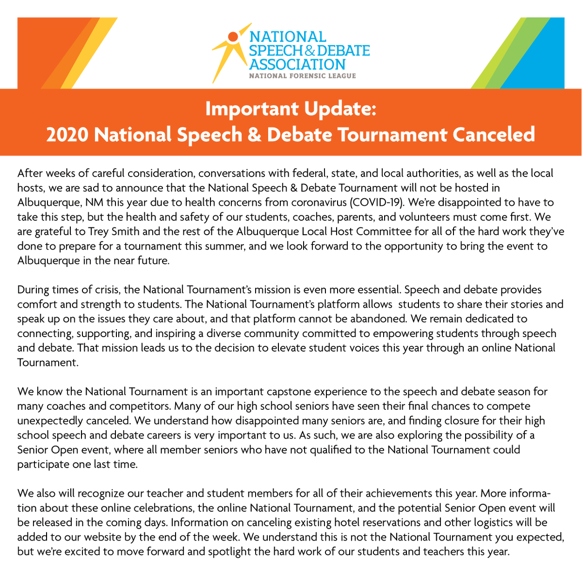speechanddebate's tweet photo. After weeks of careful consideration, conversations with authorities, as well as the local hosts, we are sad to announce that the National Tournament will not be hosted in Albuquerque, NM this year due to health concerns from COVID-19. Read more: https://t.co/TD5ir415Mb https://t.co/NBYc8wVaNC
