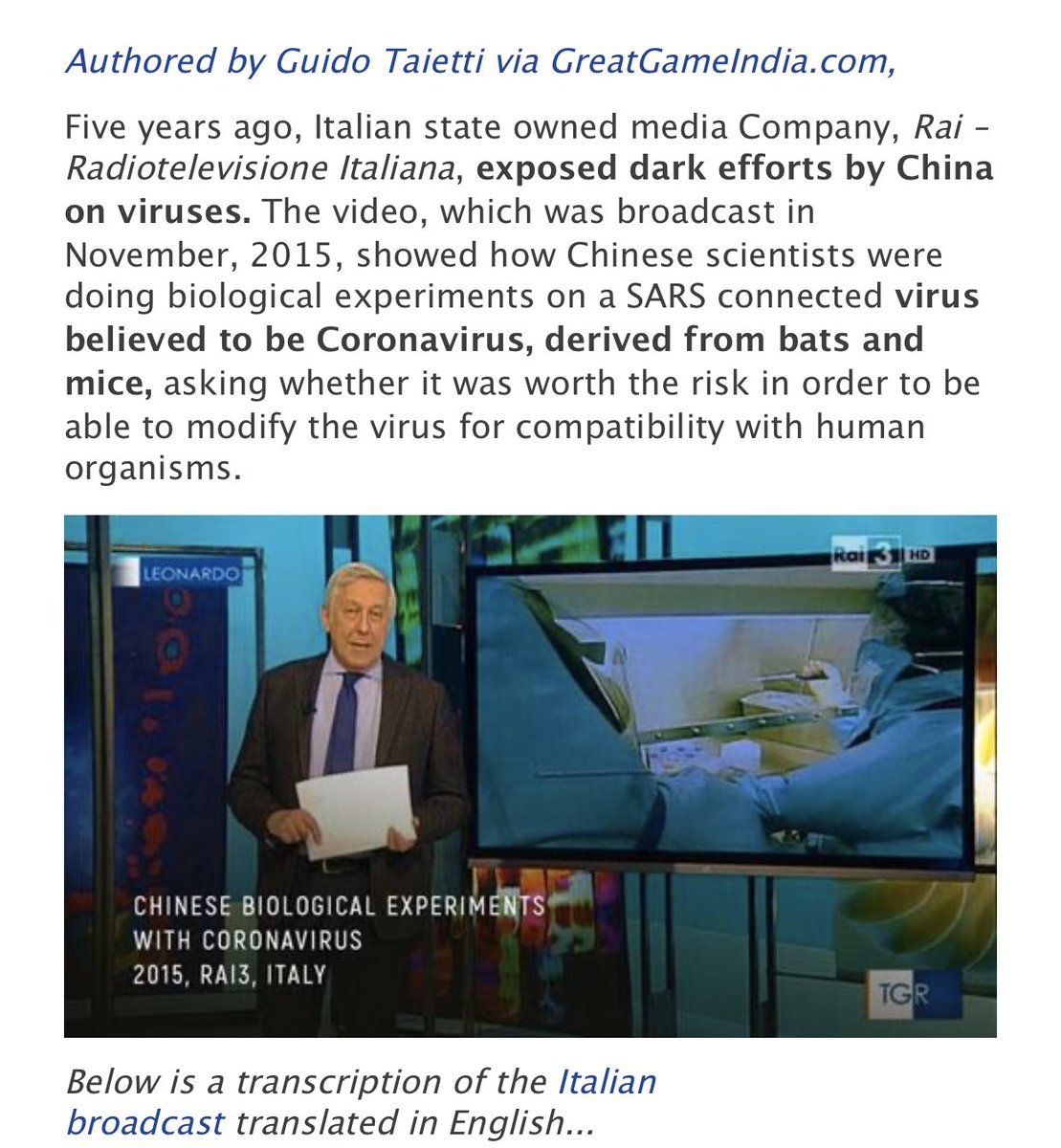 MichaelCoudrey's tweet photo. WOW: A recently resurfaced story published by Italian State Media in 2015 highlighted how China was conducting biological expiriements with a Coronavirus derived from bats and mice, and modifying it with surface proteins to give it an ability to infect human respiratory cells. https://t.co/hdeXYBsJmq