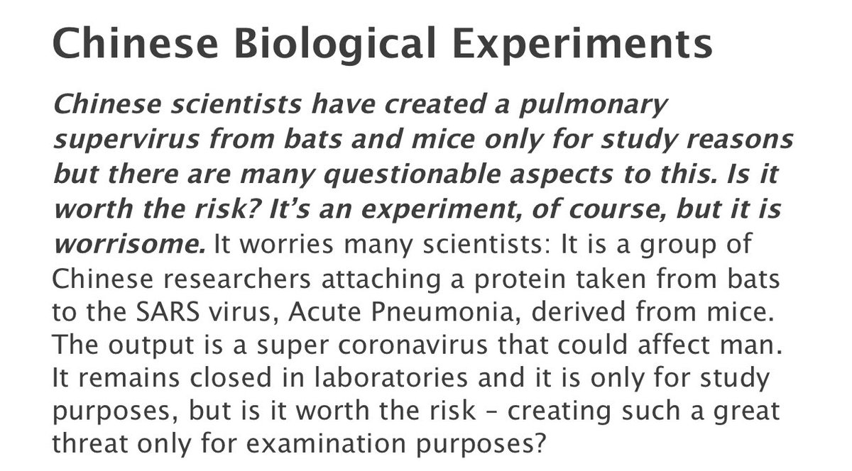WOW: A recently resurfaced story published by Italian State Media in 2015 highlighted how China was conducting biological expiriements with a Coronavirus derived from bats and mice, and modifying it with surface proteins to give it an ability to infect human respiratory cells.