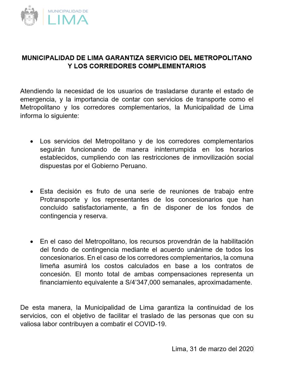 Metropolitano_L's tweet photo. #COMUNICADO Municipalidad de Lima garantiza servicio del Metropolitano y los Corredores Complementarios. https://t.co/lcZpNMUnhk