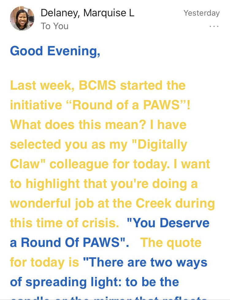 HortonkEla17's tweet photo. My heart is full ! 💙💛💙
Thank you @MrsDelaney101 ! It is definitely nice to feel appreciated for all the hard work you do! You truly ended my night off with a smile ! 😊
#PawsforPBIS #RoundofaPaws #ALLBearCreek @BearCreekMS 🐻💙💛 https://t.co/4p9xKkW0yP
