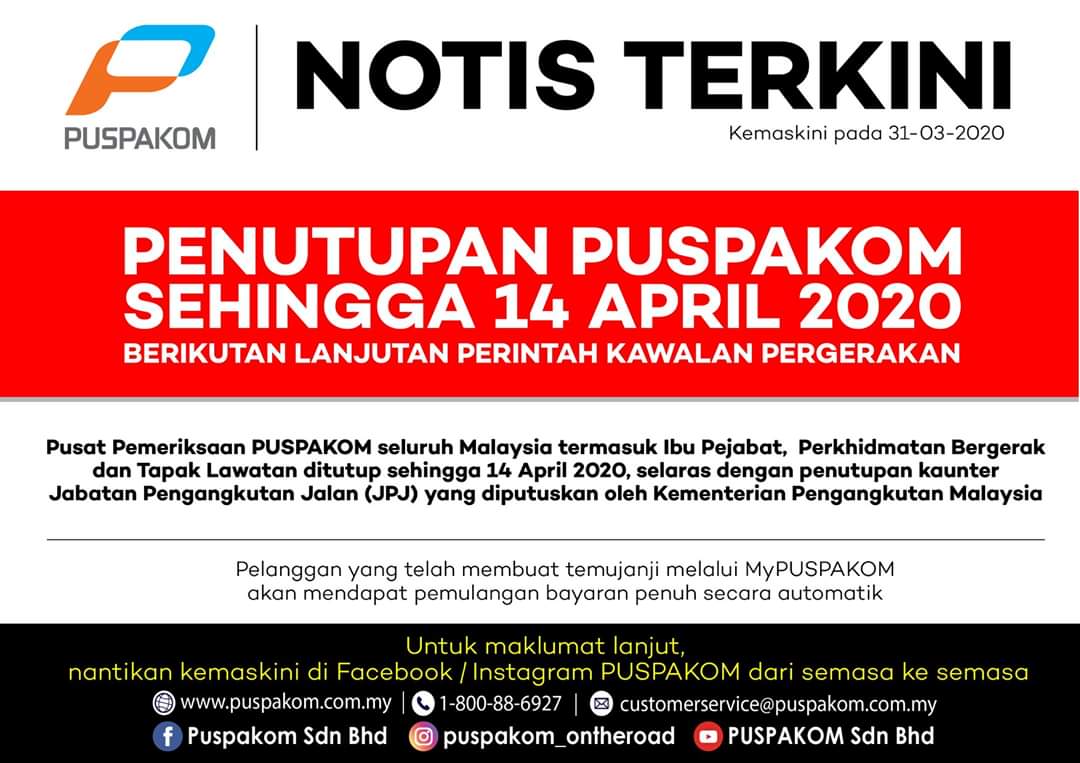 Puspakom On Twitter We Are Closed Until 14 April 2020