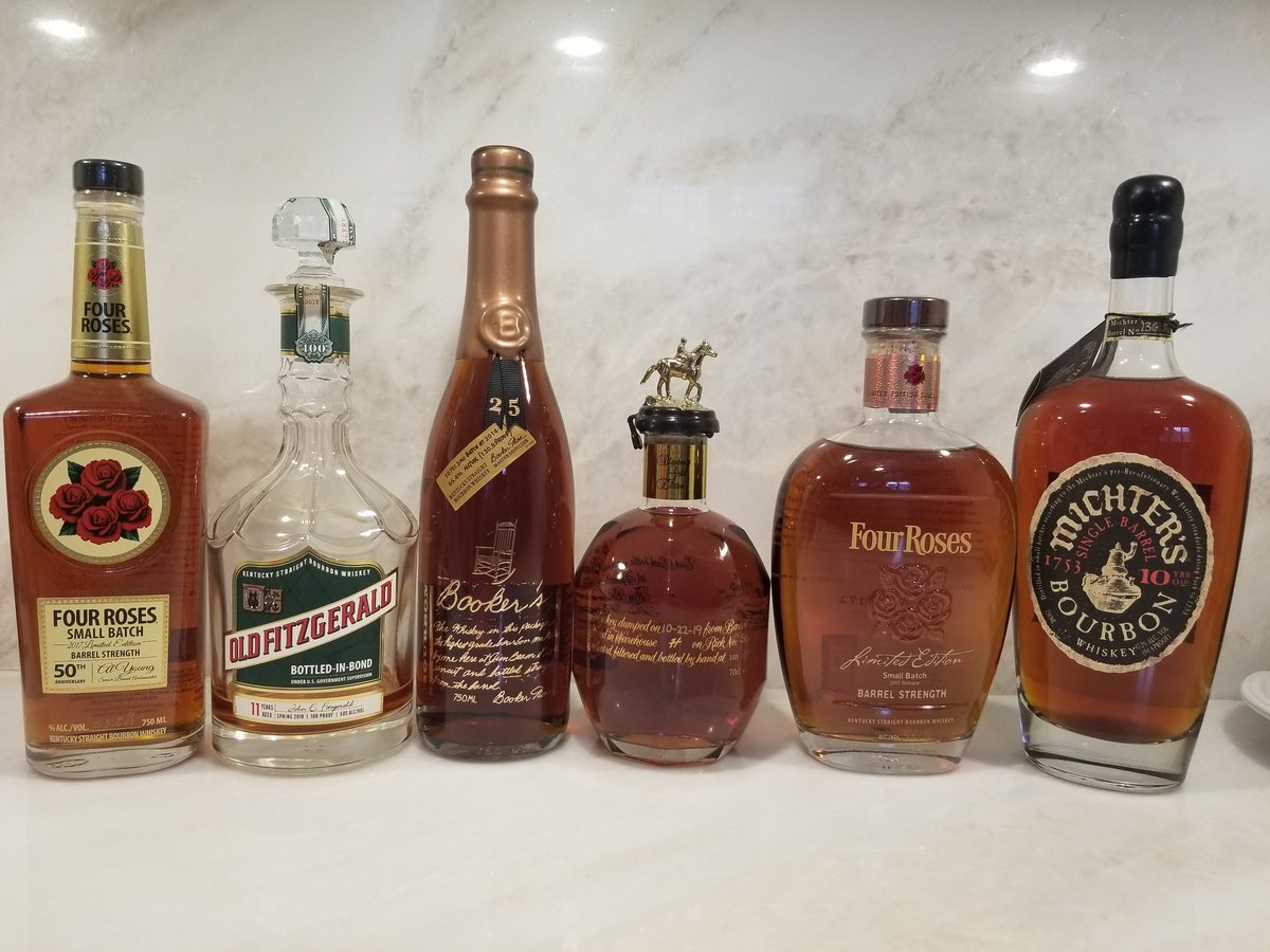 BluegrassBarrel's tweet photo. Here are 6 bottles that I feel are the most beautiful bottles ever released. I will rank these tomorrow. What is your most beautiful bottle? Share a picture with us! #bourbon #alyoung #fourroses #oldfitz #blantons #michters @4RosesBourbon @BuffaloTrace @MichtersWhiskey @JimBeam https://t.co/OFgML9wmL0