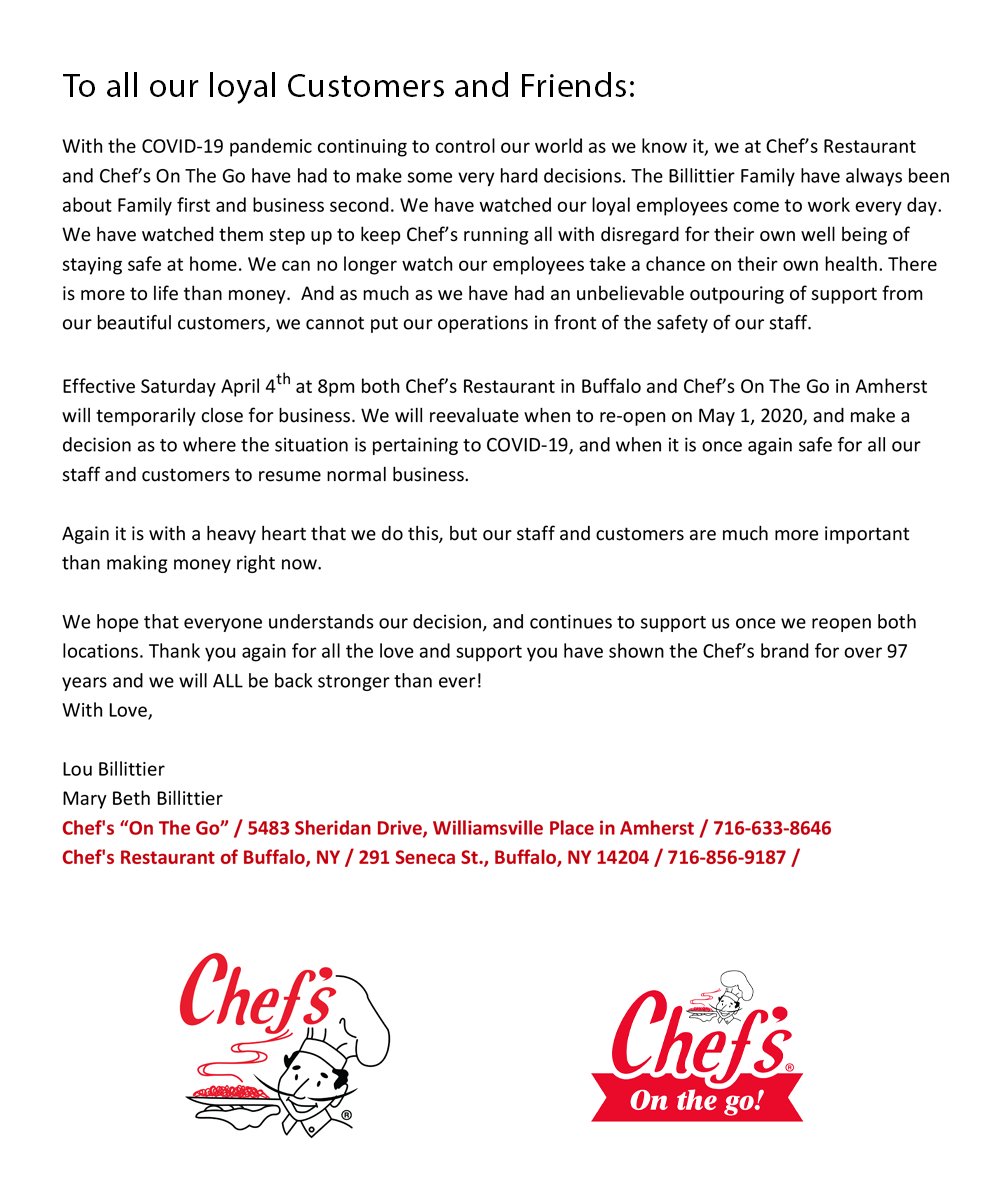 ChefsBuffalo's tweet photo. ❤️ To all our loyal Customers and Friends... https://t.co/KECQVniZxb
