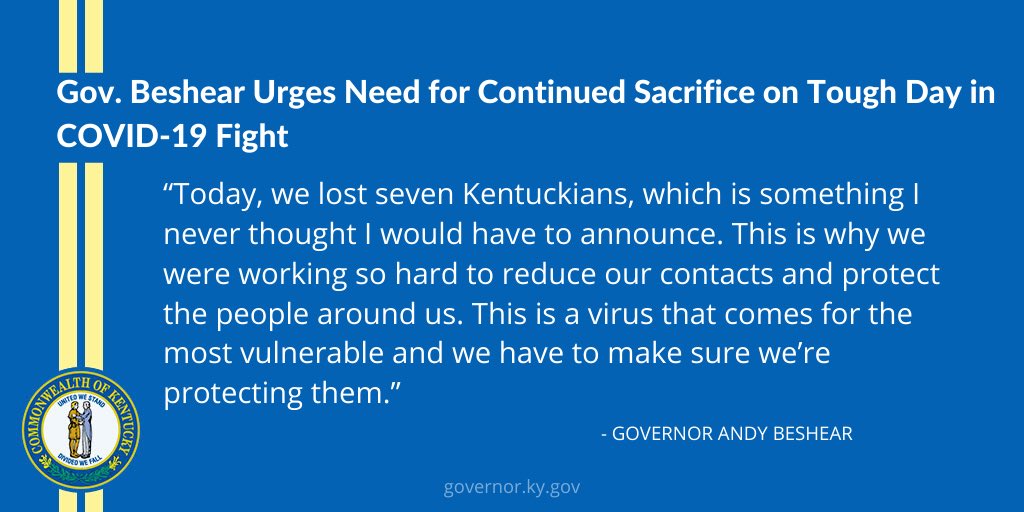 GovAndyBeshear's tweet image. Governor pushes for continued efforts as seven more Kentuckians die from #COVID19 go.usa.gov/xvCTE