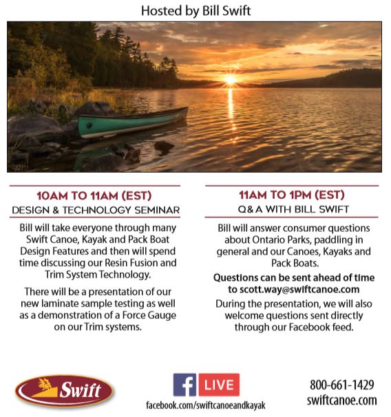 Hey Paddlers!

Saturday we're doing an Interactive Swift Day where you can catch a live seminar about canoeing from Bill followed by a Q&amp;A where he'll answer your questions. If you've got a question you'd like him to answer comment below and we'll ask it. See ya Saturday at 10!