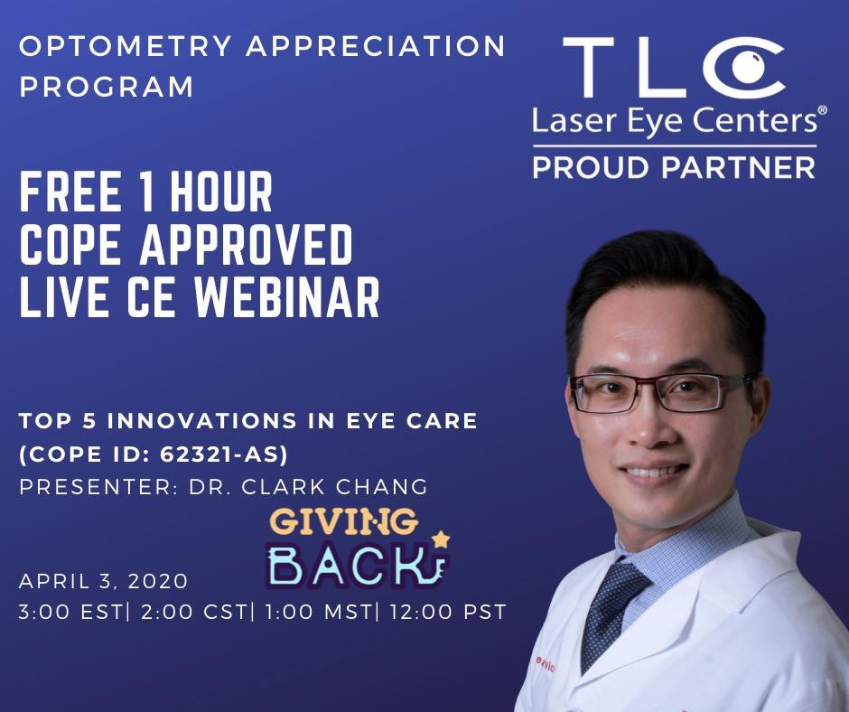 In support of #Optometry, TLC Laser is providing FREE LIVE CE Webinars (4/03 Reg👉 bit.ly/2JvHAEp)! Proud to be 1st speaker to kick off a meaningful project! Join me to let our OD family know that we will stay strong together! 🙌 <a href="/DrBridgitte/">Bridgitte Shen Lee</a> @pismoeyedoc @DryEyeCoach
