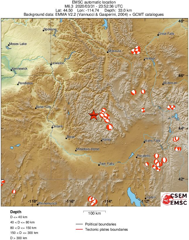 USGS focal mechanism for M6.5 Idaho earthquake indicates strike-slip faulting, but has a large non double couple component (50%), so this might be a complex event. Borah Peak sequence to the East was normal faulting. earthquake.usgs.gov/earthquakes/ev…