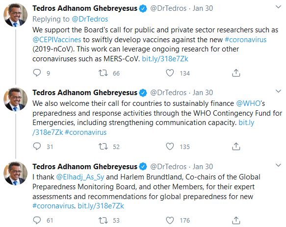 3.) The same day the WHO declared a Global Health Emergency, on Jan 30th, WHO Director General Ghebreyesus immediately pushed GPMB's recommendations & called for countries to finance the WHO contingency fund & pushed vaccine research from CEPI, whom was co-founded by Bill Gates.