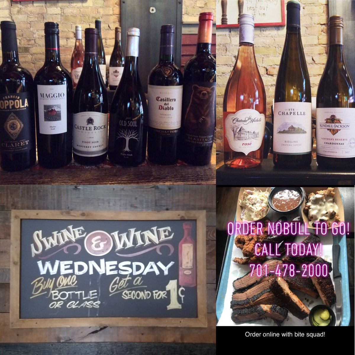 nobullfargo's tweet image. Penny Wine day at NoBull Smokehouse all day Wednesday!! So start planning your meal and picking out your wine!! We are open for to go orders 11:30am-7pm Wednesday!! #pennywine #swineandwine #ilovebbq #ilovewine #ilovefargomoorhead #weareinthistogether