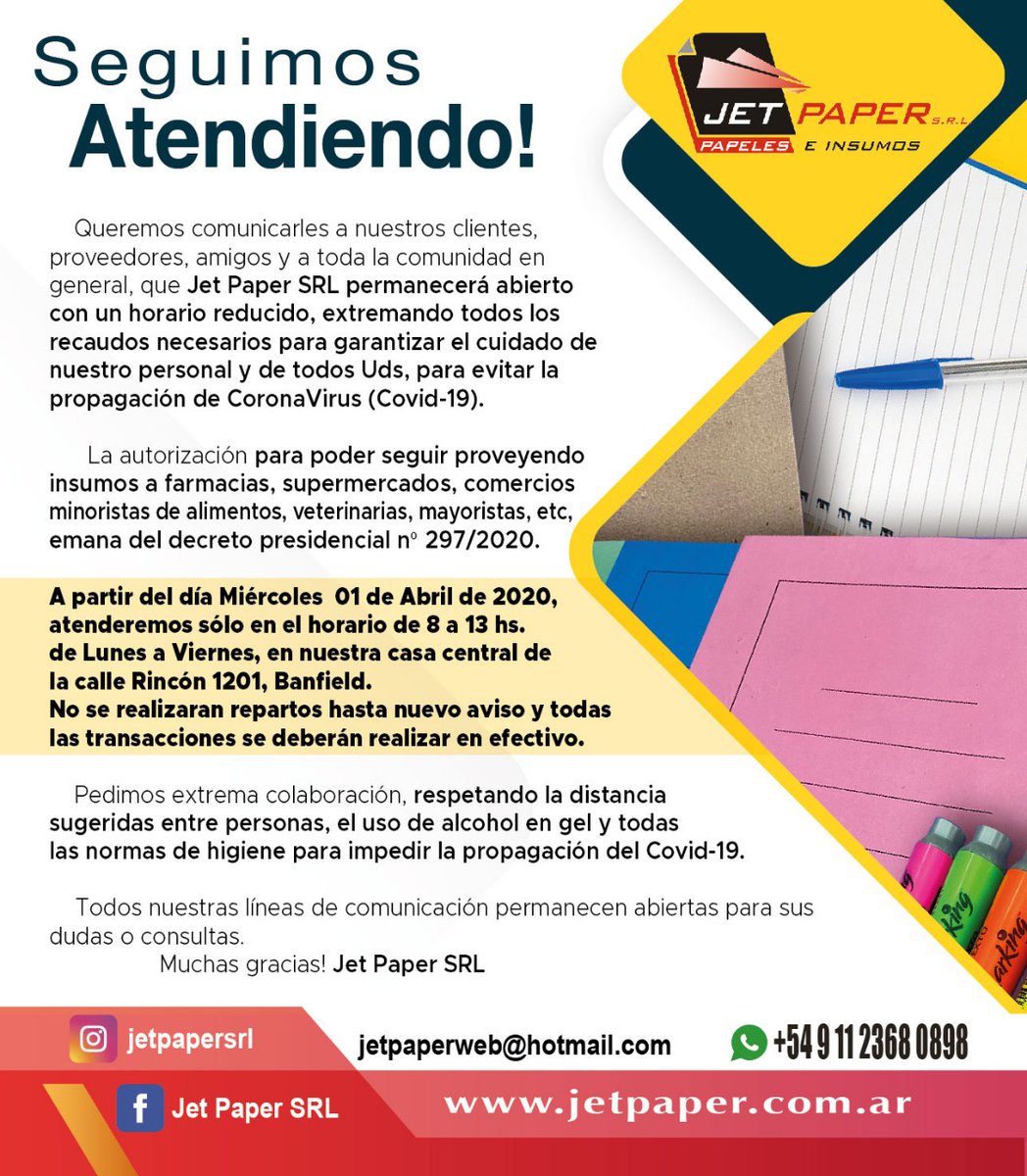 JetPaperSRL's tweet image. ✅ Seguimos Atendiendo!! Proveemos a Farmacias, Gremio, Comercios Papeleras, Supermercados, Emprendedores y Distribuidores.
Descuentos y Condiciones Especiales. Ventas x Mayor y Menor. WhatsApp 15-2368-0898 con todos tu datos. Tel: 4202-5147/6156 - jetpaper.com.ar