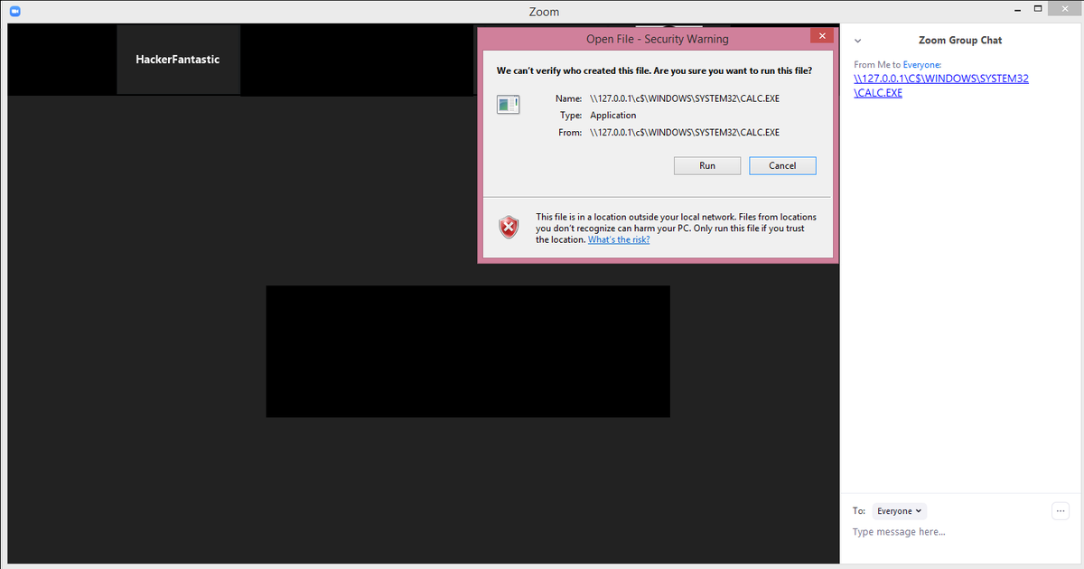 hackerfantastic's tweet photo. Dear @zoom_us &amp; @NCSC - well that escalated quickly.... Thanks to @AppSecBloke &amp; @SeanWrightSec for letting me use their Zoom meeting to test. You can exploit UNC path injection to run arbitrary code, Windows does warn you with an alert box however. https://t.co/aakSK1ohcL