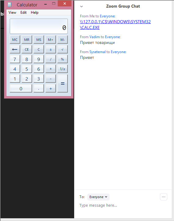 hackerfantastic's tweet photo. Dear @zoom_us &amp; @NCSC - well that escalated quickly.... Thanks to @AppSecBloke &amp; @SeanWrightSec for letting me use their Zoom meeting to test. You can exploit UNC path injection to run arbitrary code, Windows does warn you with an alert box however. https://t.co/aakSK1ohcL
