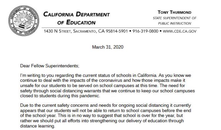 romualdotv's tweet photo. Breaking: California schools may stay closed through the end of the school year as a precaution due to the coronavirus pandemic, the state superintendent said in a press release Tuesday. https://t.co/SNwMAuKcXz
