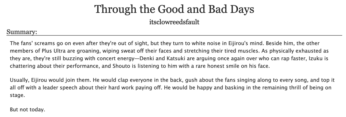✧ Through the Good and Bad Days [bnha, gen, ~1.8k] ✧
archiveofourown.org/works/23419906

my full piece for <a href="/BnhaPop/">BNHA-Pop Zine 📀 CHECK 📌</a> 🎶 even if you got the physical zine, please read this version 💞 since a lot of sentences/words were cut off in formatting in the printed zine which compromised my writing!