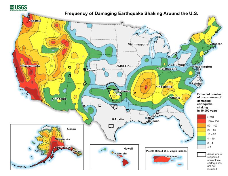 Seismic map of the United States with Idaho under moderate to high frequency earthquakes