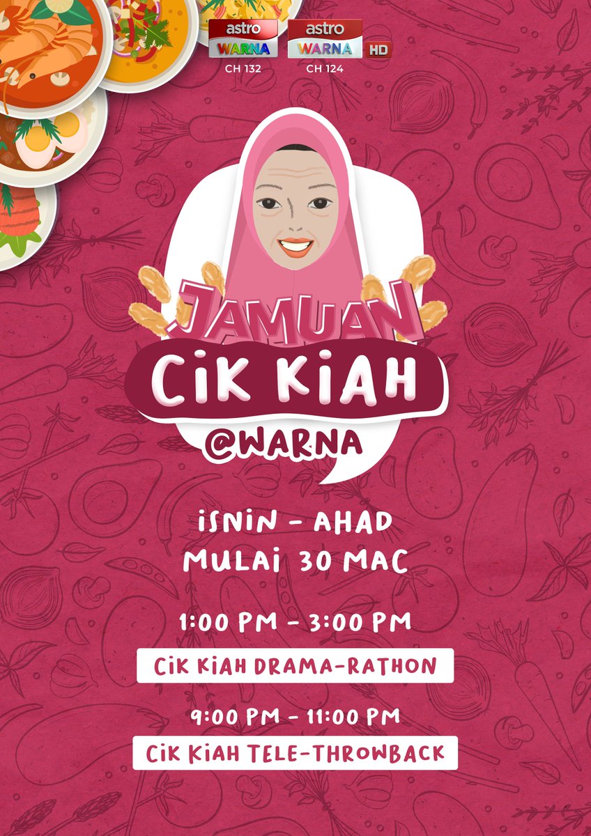 Astro_Gempak's tweet photo. Mulakan hari korang bersama #cikkiah okey! Jamuan Cik Kiah kat Astro Warna, Mulai 30 Mac ini, Isnin hingga Ahad, jam 1 Petang hingga 3 Petang dan jam 9 Petang hingga 11 Malam. https://t.co/Ml1KWAvvJK