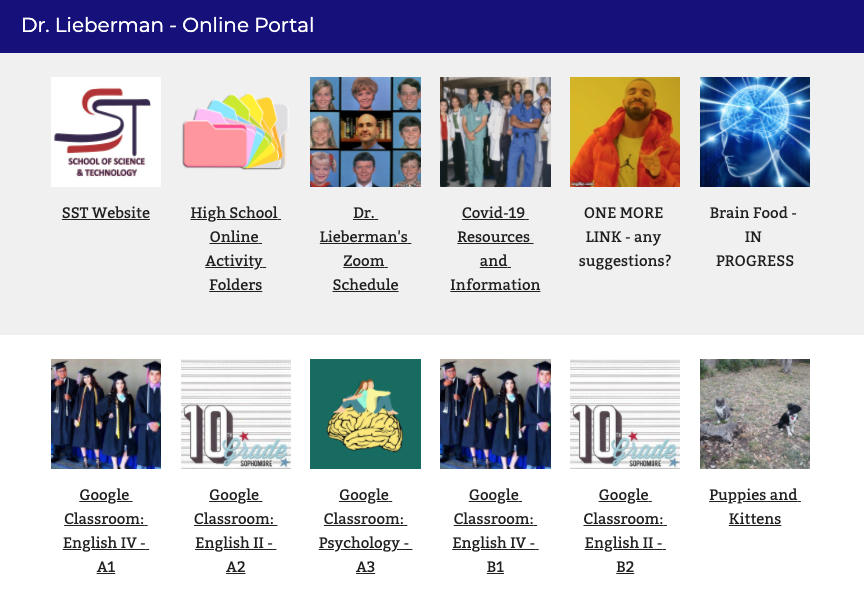 DrEvanLieberman's tweet photo. Abracadabra! My students have an 'Online Portal' with everything they need on one screen: links to the school website, their Google Classrooms, my Zoom schedule, links to their other classes, Covid info &amp; more. All their online stuff is in one place #SSTfamily #AnySuggestions https://t.co/mEJjoEB7er