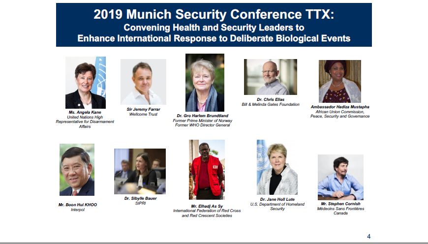 19.) In August 2019 at Munich Security Conference there was a table top exercise on responding to deliberate biological events.4 of the attendee are on the Global Preparedness Monitoring Board:El Hadj As SyGro BrundtlandChris EliasJeremy Farrar