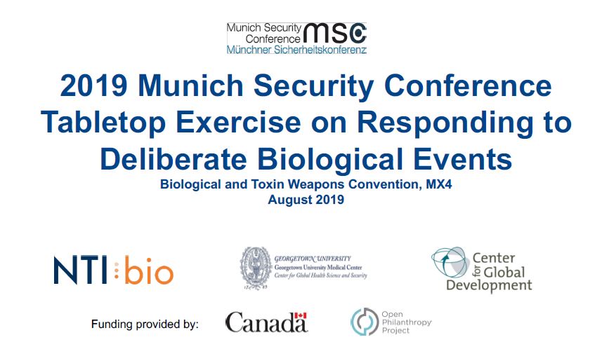 19.) In August 2019 at Munich Security Conference there was a table top exercise on responding to deliberate biological events.4 of the attendee are on the Global Preparedness Monitoring Board:El Hadj As SyGro BrundtlandChris EliasJeremy Farrar