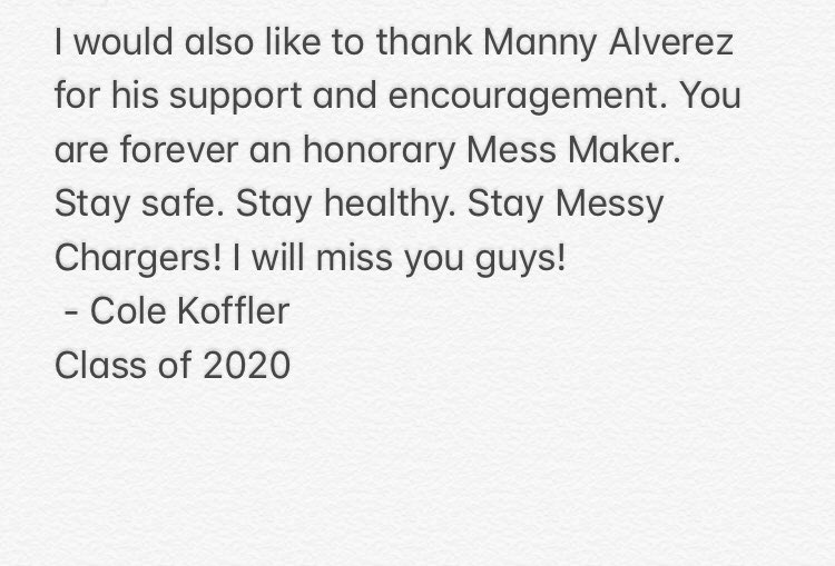 TheMESSEHS's tweet photo. A message from Cole Koffler. @SoCalSections @MAlvarez02 @EdisonChargers @Chargers_ASB https://t.co/3CDFRG8OJy