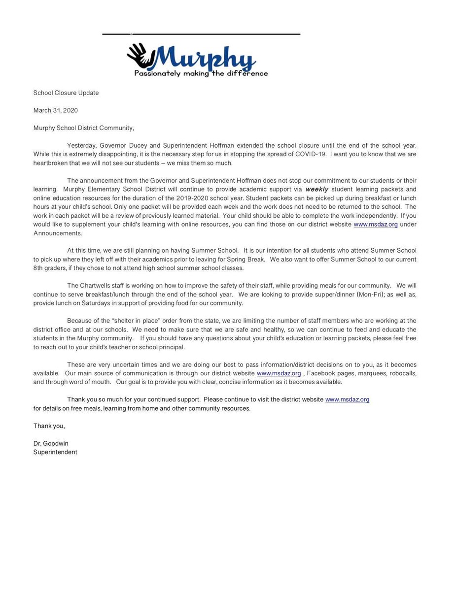 MurphySchools21's tweet photo. An update from our superintendent Dr. Goodwin            #COVID19 https://t.co/gF9q4By4p1