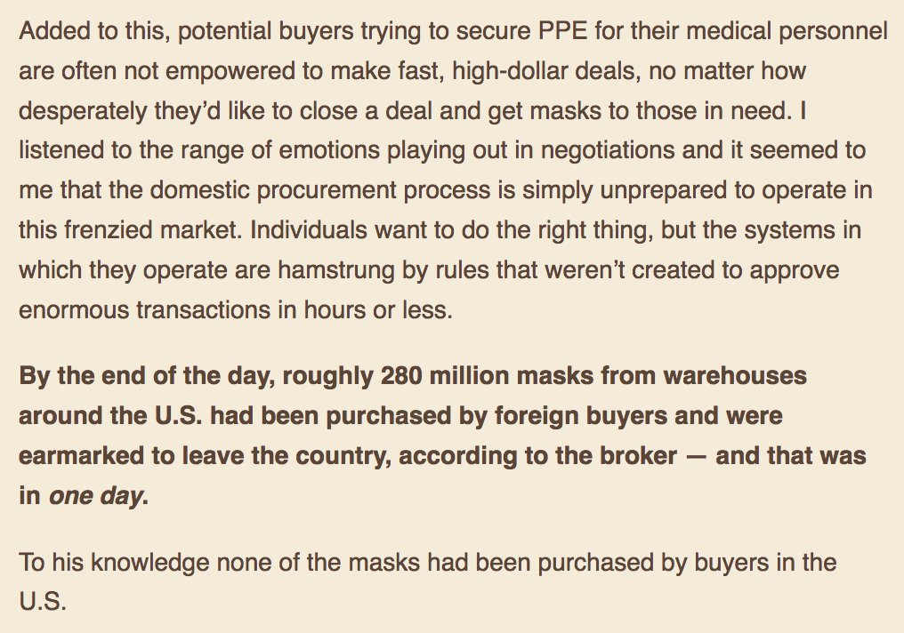 By the end of the day, roughly 280 million masks from warehouses around the U.S. had been purchased by foreign buyers and were earmarked to leave the country, according to the broker — and that was in one day.