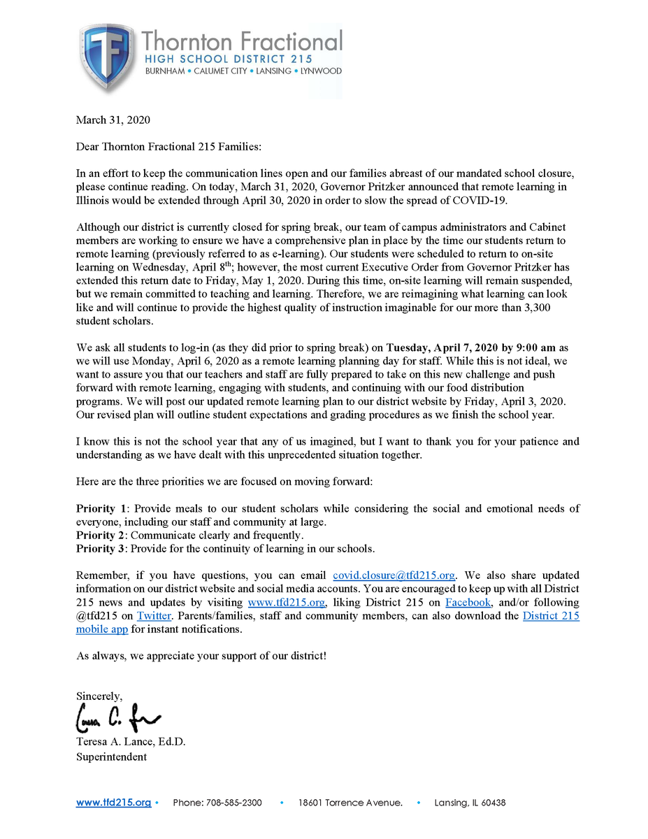 tfd215's tweet photo. Families: Please read the latest  from Superintendent @teresa_lance re: remote learning for our student scholars during the COVID-19 mandated school closure, now extended through 4/30/2020. Thank you for your support! @tfdcenter215 @north_tf @TFSouthTweets #TeamPhenomenal215 https://t.co/XQ3BAHlva7