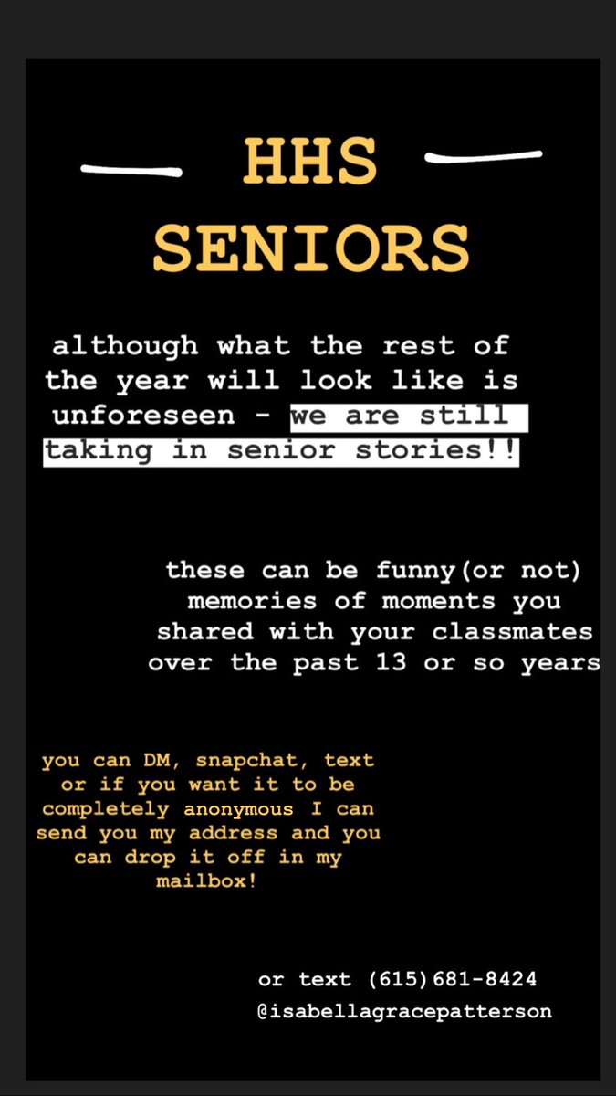 Hey seniors get those stories in! <a href="/hhscommandos/">Hendersonville High</a> <a href="/commando_ffa/">HHS FFA</a> <a href="/hhsclimate1/">HHS School Climate</a> <a href="/hhs_2020/">HHS Class Of 2020</a> <a href="/CommandoFCA/">HHS FCA</a> <a href="/HHSSelectChorus/">HHS Select Chorus</a>