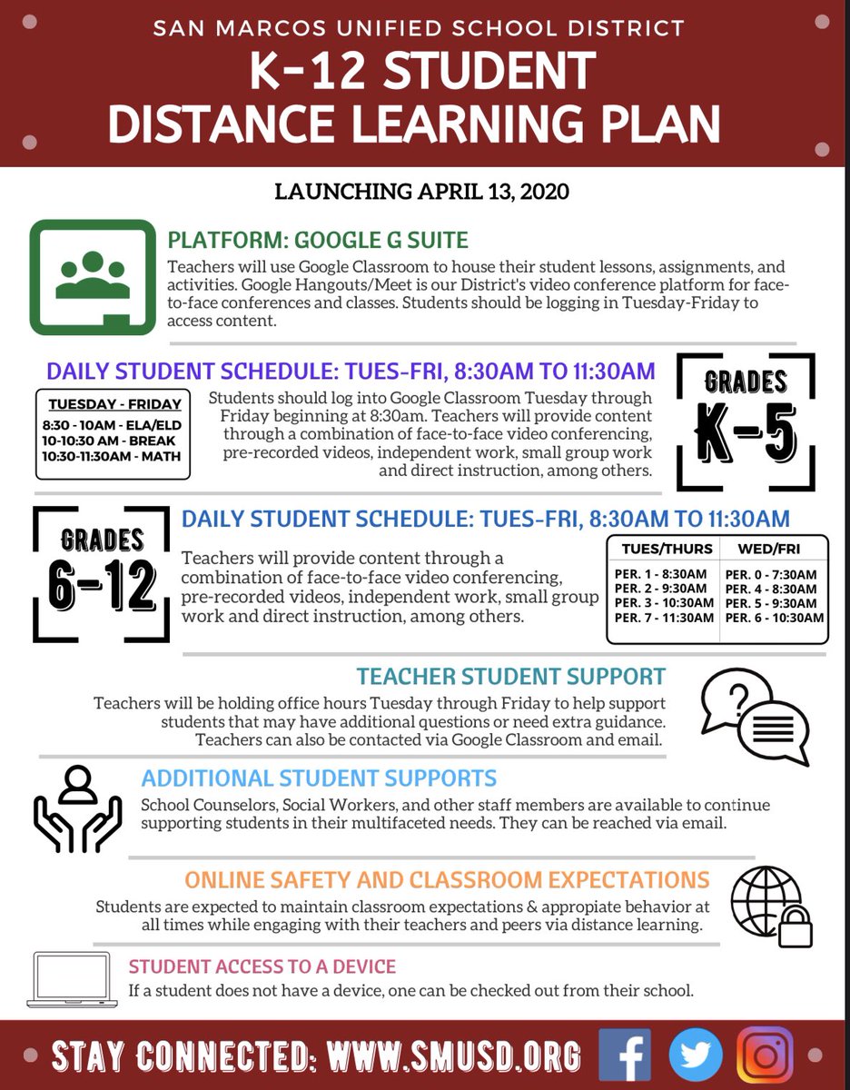 Dear SMUSD Families,

Please visit our website for information regarding our Distance Learning Plan set to begin on April 13th. 

smusd.org
