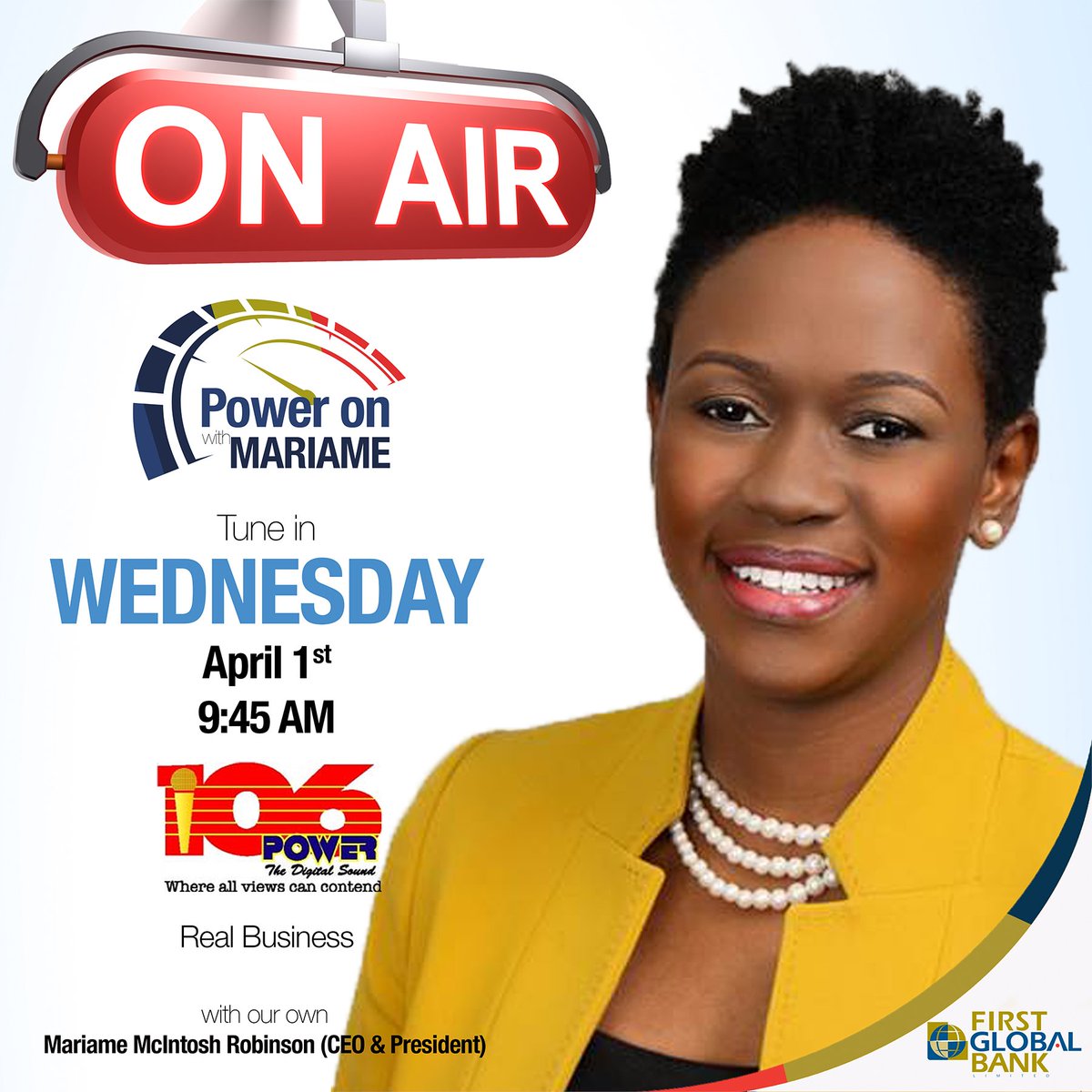 firstglobalbank's tweet photo. We’re going on air once again! Tune in tomorrow, Wednesday April 1st on @power106_876 at 9:45AM to hear our CEO & President, Mariame McIntosh Robinson @mariamep1 share how you can power on during this period.
Let’s Stay Strong and Power On!
#FGB #PowerOn #FirstGlobalCares https://t.co/sD6Io271pN