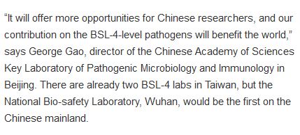 35.) The Wuhan Level 4 Lab was put into operation by the Chinese Academy of Sciences. Guess who was the Director of the CAS...George Gao. The CDC China director, who was on the GPMB, and who was a player in Event 201.Link:  https://www.nature.com/news/inside-the-chinese-lab-poised-to-study-world-s-most-dangerous-pathogens-1.21487