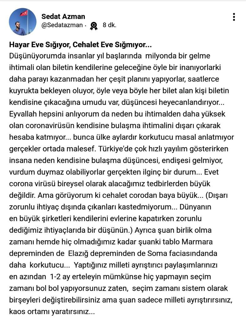 AzmanSedat's tweet photo. #bizbizeyeterizturkiyem #HayatEveSigar #EvdeKal #EvdeHayatVar https://t.co/dNADUfH8iE