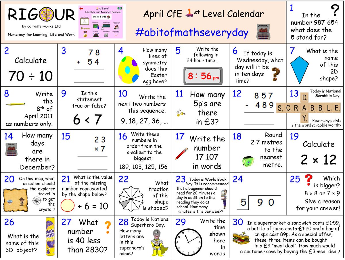 RigourMaths's tweet photo. **CALLING ALL BGE Pupils** Do you want to consolidate your CfE 1st Level Numeracy/Maths skills this month? If so, try our April Calendar! Download calendar &amp; view answers here; https://t.co/rAO0acF5KX #abitofmathseveryday #littleandoften 🥉🥈🥇📅 https://t.co/zOIPUXi9DD
