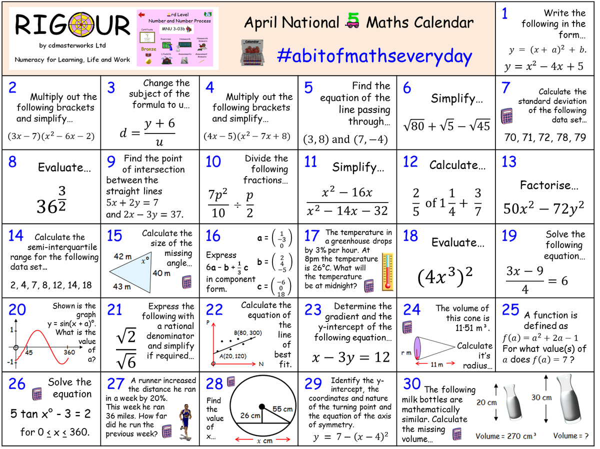 RigourMaths's tweet photo. **Calling all #Nat5Maths Pupils** Develop your skills this month with our April Calendar. Download the calendar and view the answers here; https://t.co/XMQDAtEgZs #abitofmathseveryday #littleandoften 🥉🥈🥇📅 https://t.co/zTnZ74kg3O