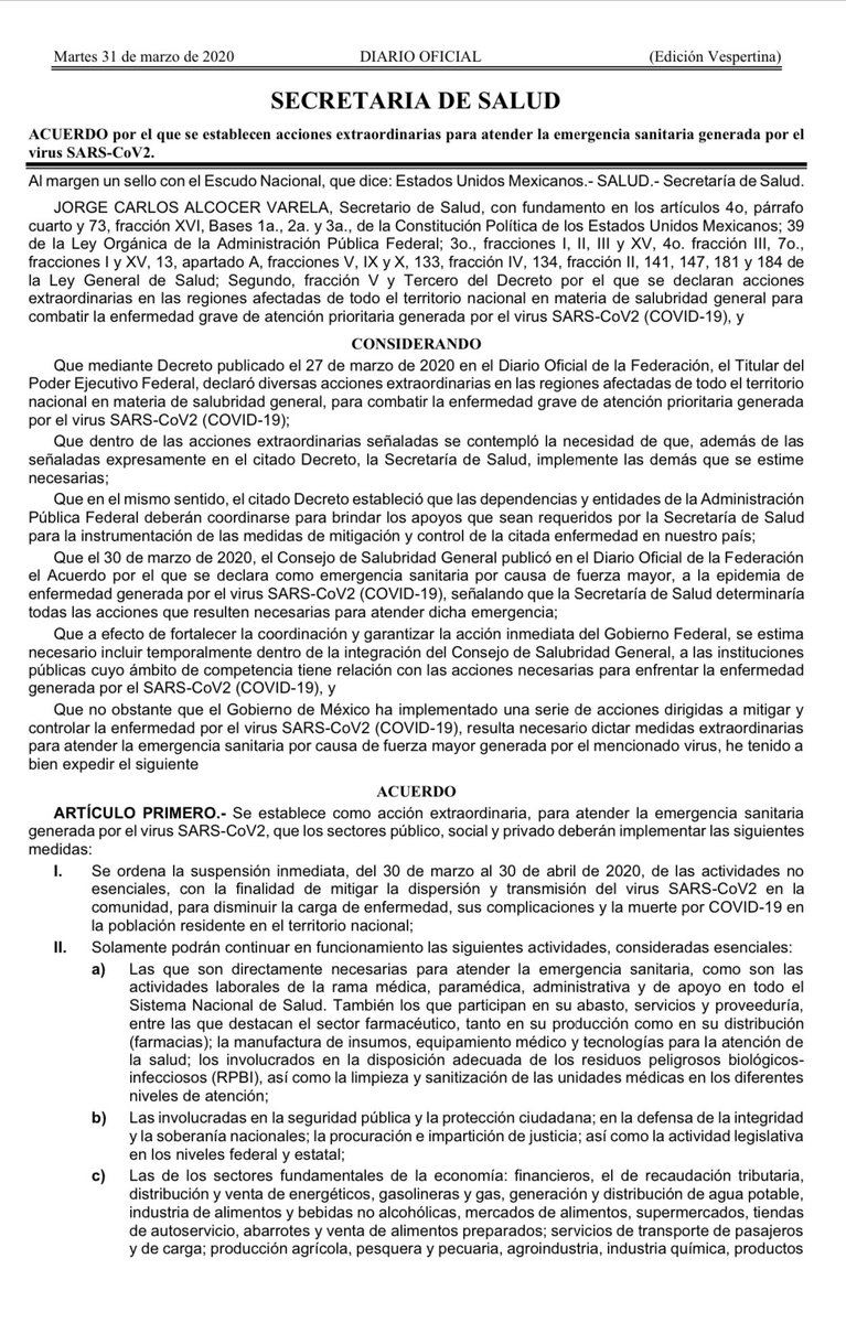 gdehoyoswalther's tweet photo. El Acuerdo de “Emergencia Sanitaria” que emitió el #ConsejoDeSalubridadGeneral  fue impreciso al omitir la “Declaratoria de Contingencia Sanitaria”.  Y el #Acuerdo del @SSalud_mx fue incompleto en la enunciación de las actividades esenciales. Han causado gran confusión. #ActúenYa https://t.co/93HDflrlGg