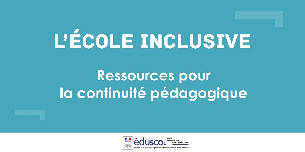 Eduscol's tweet photo. 📌La #ContinuitéPédagogique pour l'#Écoleinclusive

Des ressources pédagogiques pour accompagner les élèves à besoins éducatifs particuliers et adapter les apprentissages à leur trouble cognitif ou situation de santé
🔎 https://t.co/i2TparDjLi https://t.co/Heb0Ru4xFz