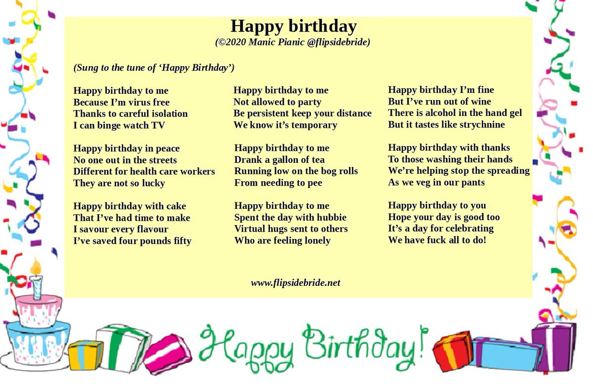 flipsidebride's tweet photo. It's my #birthday today on #AprilFoolsDay under #lockdown! So thought I'd write #April's #poem inspired by the very funny #poet @brian_bilston 😄🎈🎉🎊🍰🍾 https://t.co/xXUsnMJrOr