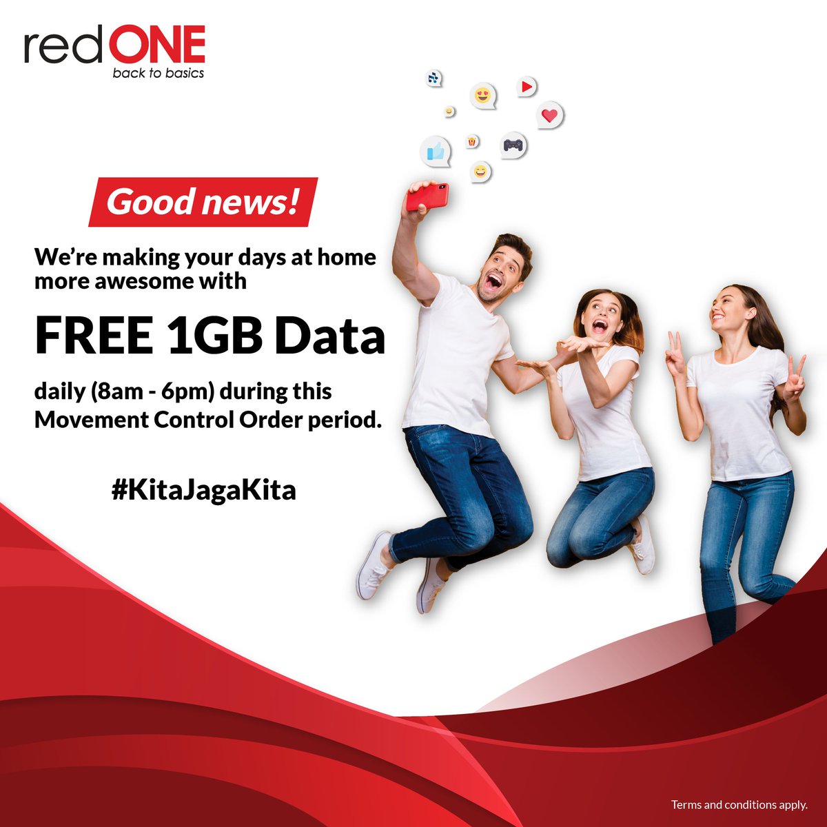 redONEMobileMY's tweet photo. Good news! Weโre giving 1GB a day to our loyal customers to stay connected and entertained throughout this MCO. T&C apply, more info at https://t.co/QW1hXCUIcy
#MCO #Free1GB #InternetData #1GBeveryday #redONE https://t.co/pYYidgV3Xm