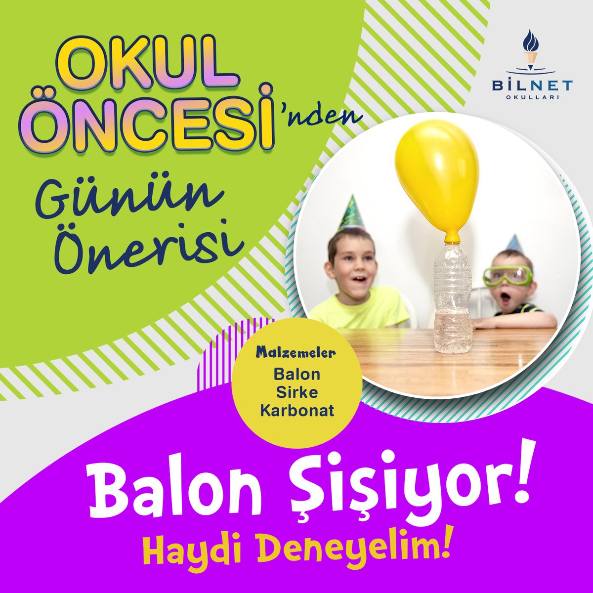 BilnetBornova's tweet image. BALON ŞİŞİYOR!

Şişeye sirke koyalım. Balonun içine iki çay bardağı karbonat dökelim. Balonu yana doğru eğerek ağzını şişeye geçirelim. Balonu dik tutalım ki karbonat sirkeye karışsın. Şimdi gözlemleyelim. Balonumuz şişti mi? Nedenini ailemizle araştıralım.

#Bilnet #OkulÖncesi